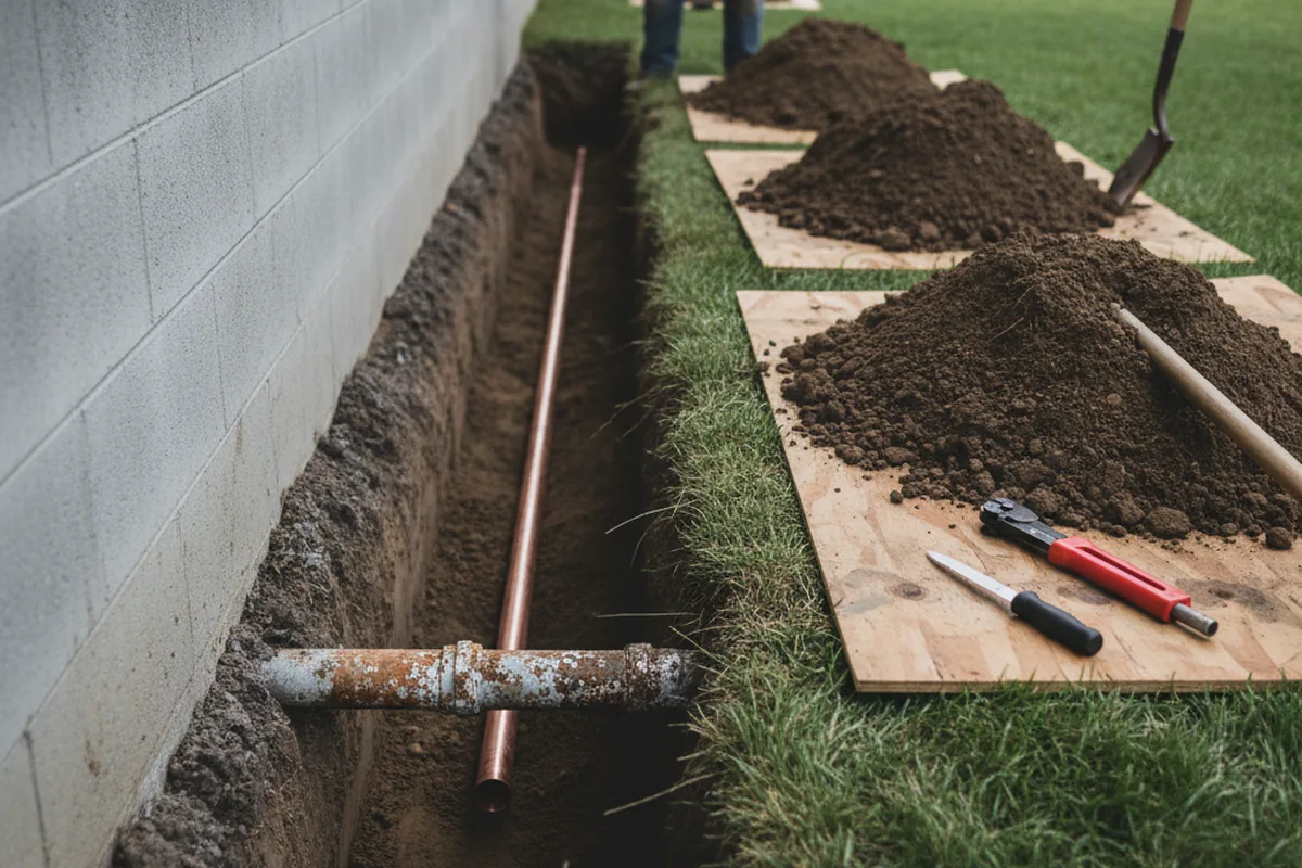 Excavated water line trench during Water Softener Installation in Medfield